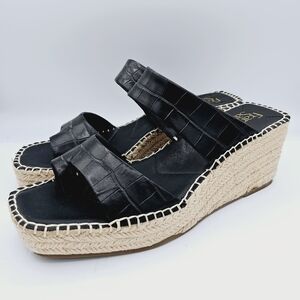 Franco Sarto Black Leather Croc Embossed Platform Wedge Sandals, size 10